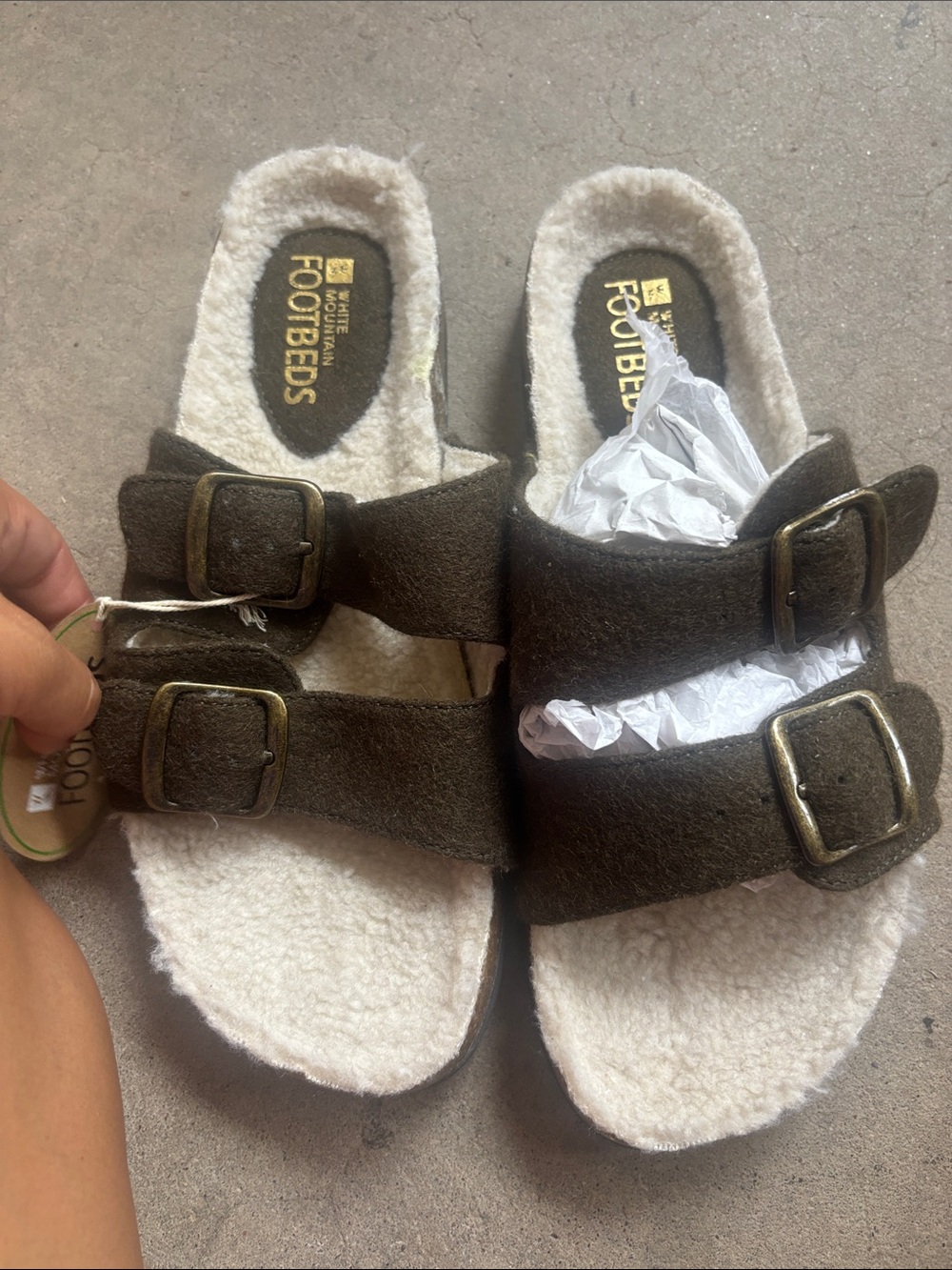 White Mountain Kids Dark Brown Double-Buckle Faux Shearling Slide Sandals